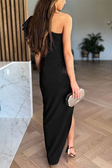 Caz -  Off-shoulder Ruffle Sleeve Slit Midi Dress