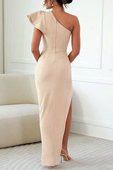 Caz -  Off-shoulder Ruffle Sleeve Slit Midi Dress
