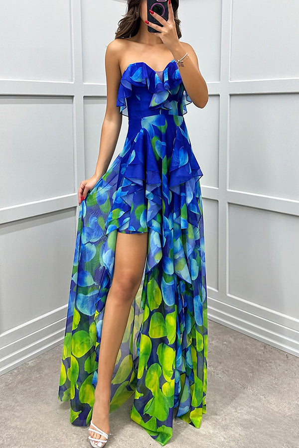 Georgia - Gradient Unique Print Flowing Layered Ruffles Strapless Slit Maxi Dress