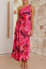 Deja -  Floral Print One Shoulder Pleated Maxi Dress