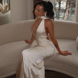 Faelira ™ | Satin maxi dress with pussy bow collar