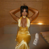 Faelira ™ | Satin maxi dress with pussy bow collar
