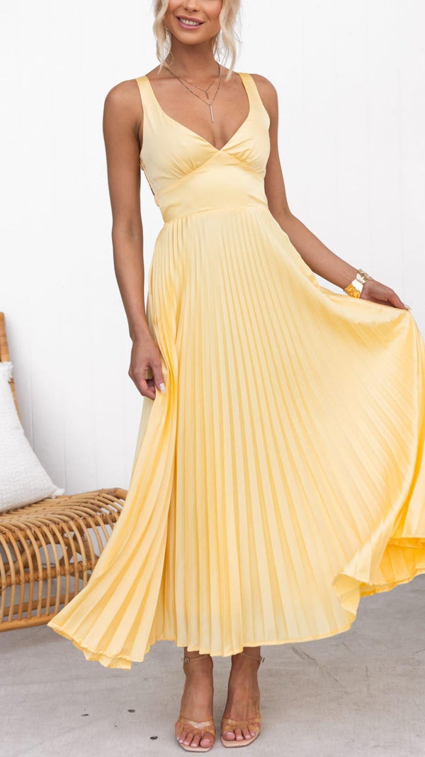 Aby - Geplooide Gele Maxi Jurk met Open Rug