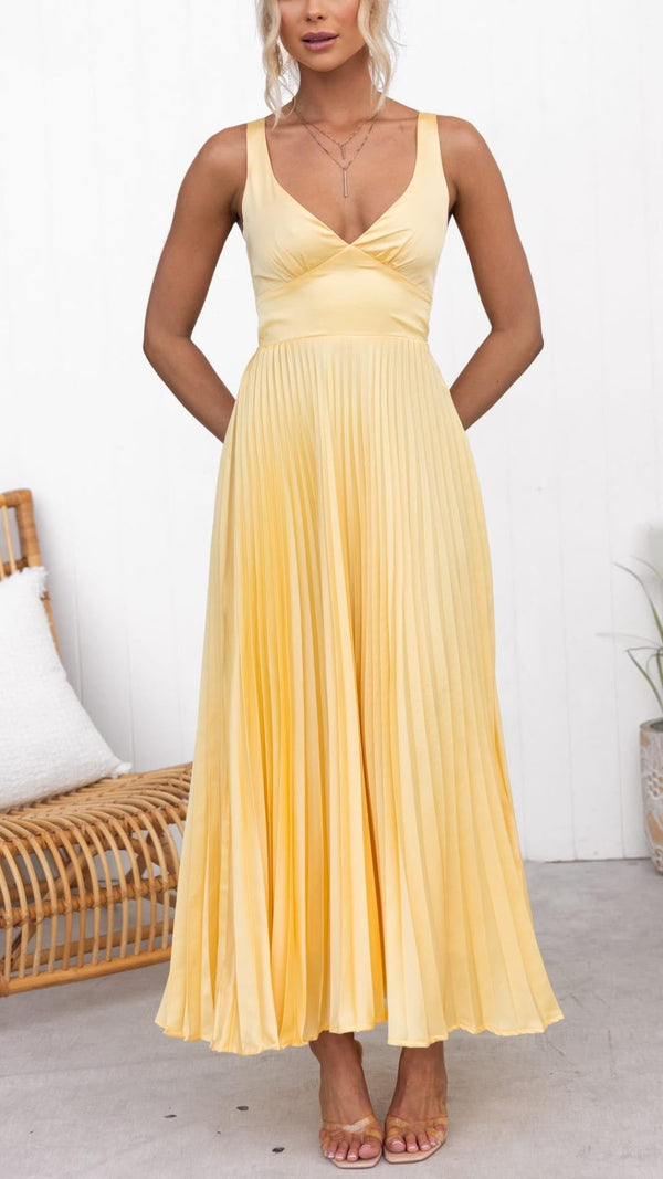 Aby - Geplooide Gele Maxi Jurk met Open Rug