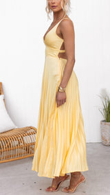 Aby - Geplooide Gele Maxi Jurk met Open Rug