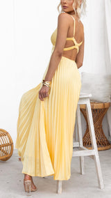 Aby - Geplooide Gele Maxi Jurk met Open Rug